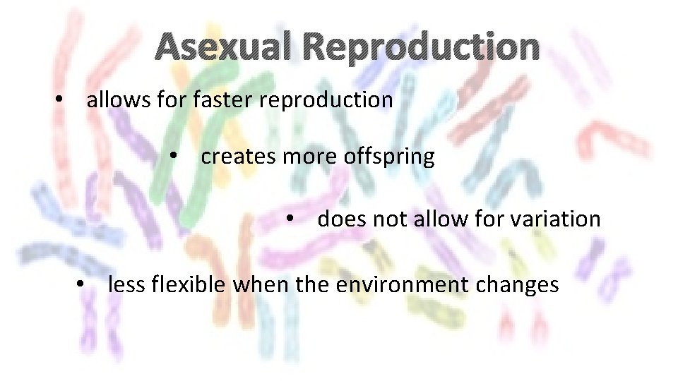 Asexual Reproduction • allows for faster reproduction • creates more offspring • does not