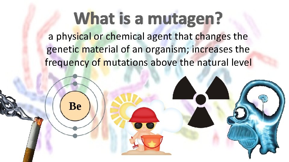 What is a mutagen? a physical or chemical agent that changes the genetic material