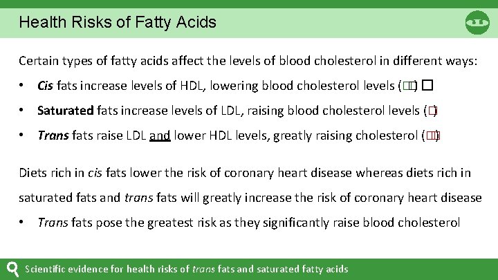 Health Risks of Fatty Acids Certain types of fatty acids affect the levels of