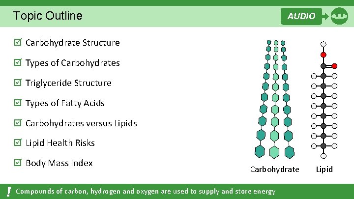 Topic Outline AUDIO þ Carbohydrate Structure þ Types of Carbohydrates þ Triglyceride Structure þ