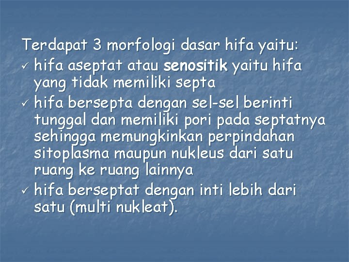 Terdapat 3 morfologi dasar hifa yaitu: ü hifa aseptat atau senositik yaitu hifa yang