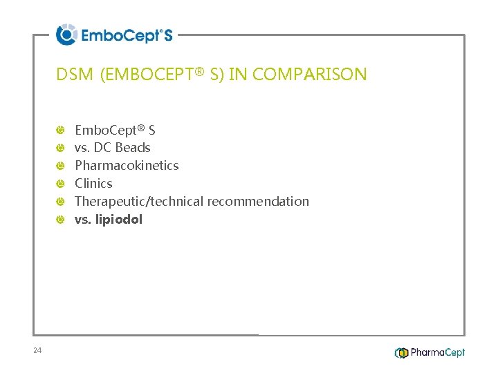 DSM (EMBOCEPT® S) IN COMPARISON Embo. Cept® S vs. DC Beads Pharmacokinetics Clinics Therapeutic/technical