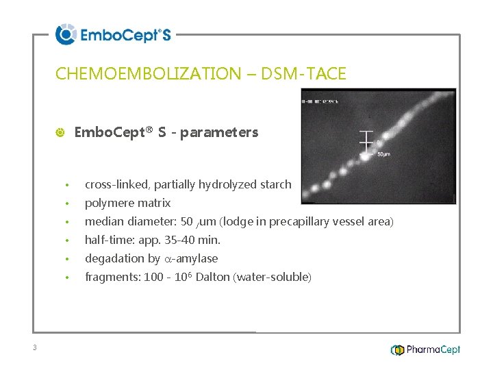 CHEMOEMBOLIZATION – DSM-TACE Embo. Cept® S - parameters 3 • cross-linked, partially hydrolyzed starch