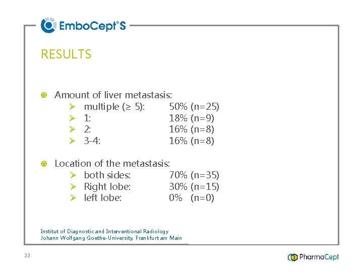 RESULTS Amount of liver metastasis: Ø multiple (≥ 5): 50% (n=25) Ø 1: 18%