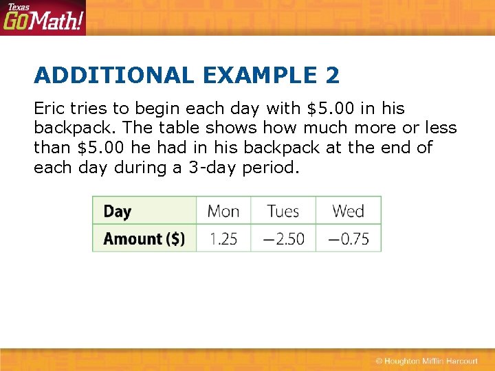 ADDITIONAL EXAMPLE 2 Eric tries to begin each day with $5. 00 in his