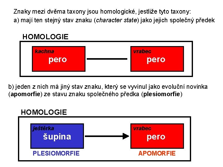 Znaky mezi dvěma taxony jsou homologické, jestliže tyto taxony: a) mají ten stejný stav