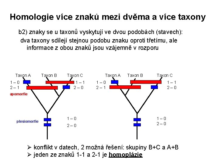 Homologie více znaků mezi dvěma a více taxony b 2) znaky se u taxonů