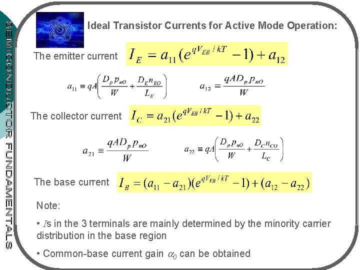 Ideal Transistor Currents for Active Mode Operation: The emitter current The collector current The
