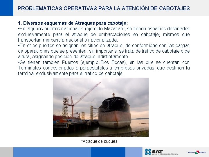 PROBLEMATICAS OPERATIVAS PARA LA ATENCIÓN DE CABOTAJES 1. Diversos esquemas de Atraques para cabotaje: