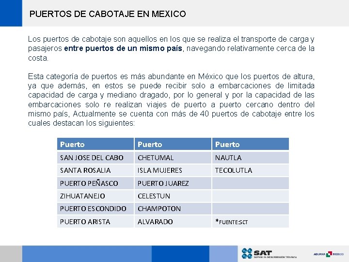 PUERTOS DE CABOTAJE EN MEXICO Los puertos de cabotaje son aquellos en los que