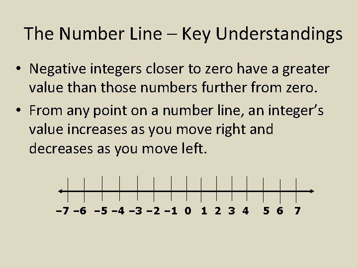 The Number Line – Key Understandings • Negative integers closer to zero have a