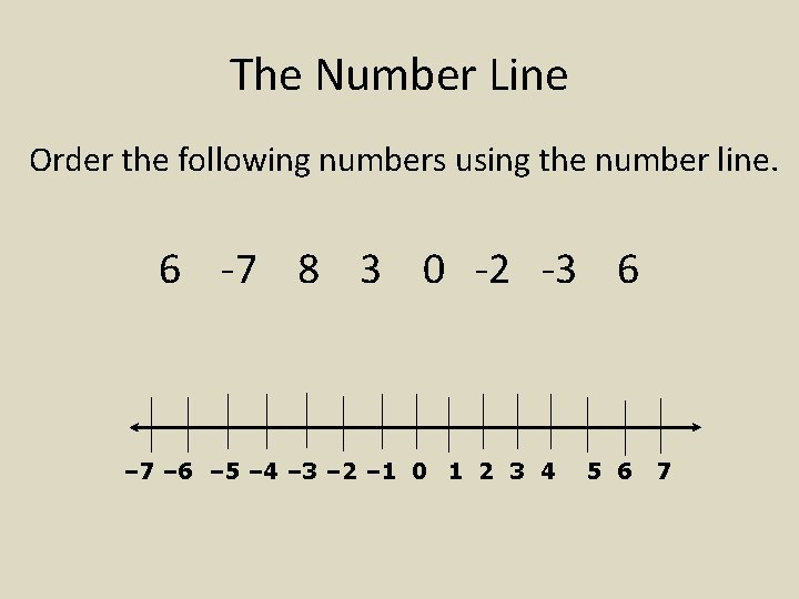 The Number Line Order the following numbers using the number line. 6 -7 8