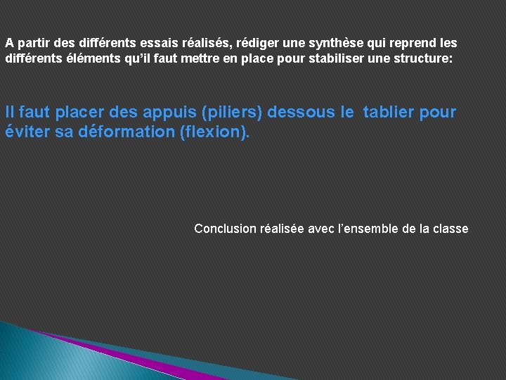 A partir des différents essais réalisés, rédiger une synthèse qui reprend les différents éléments A partir des différents essais réalisés, rédiger une synthèse qui reprend les différents éléments