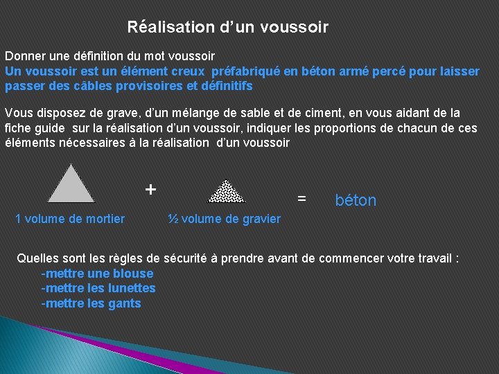 Réalisation d’un voussoir Donner une définition du mot voussoir Un voussoir est un élément