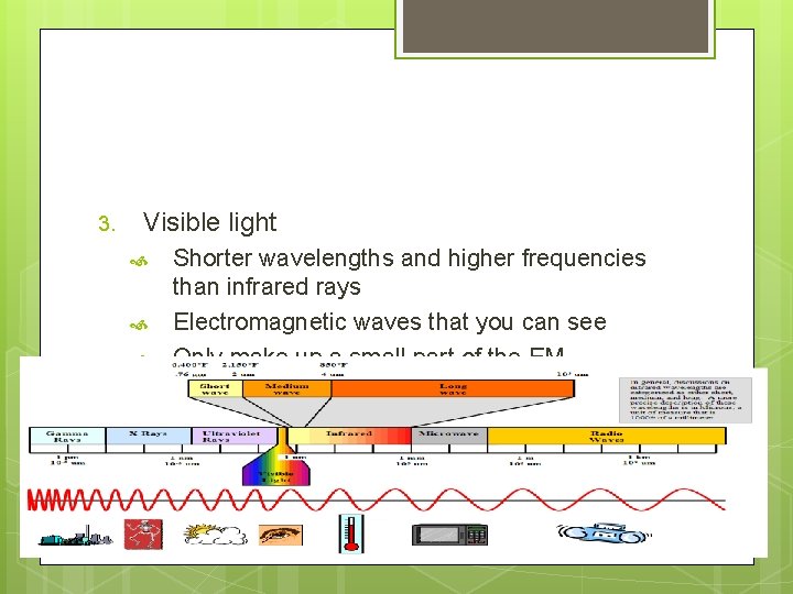 3. Visible light Shorter wavelengths and higher frequencies than infrared rays Electromagnetic waves that