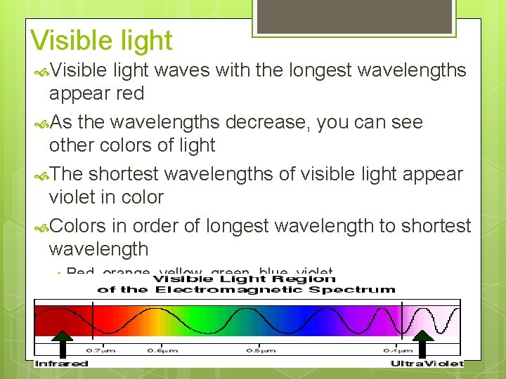 Visible light waves with the longest wavelengths appear red As the wavelengths decrease, you