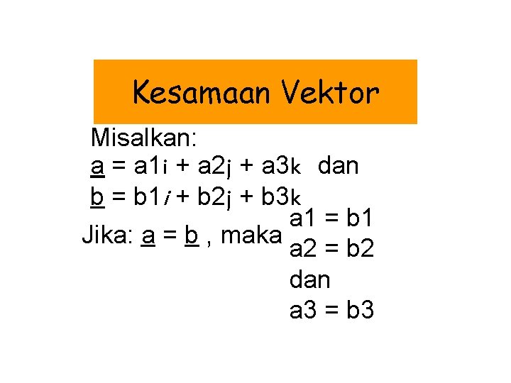 Kesamaan Vektor Misalkan: a = a 1 i + a 2 j + a