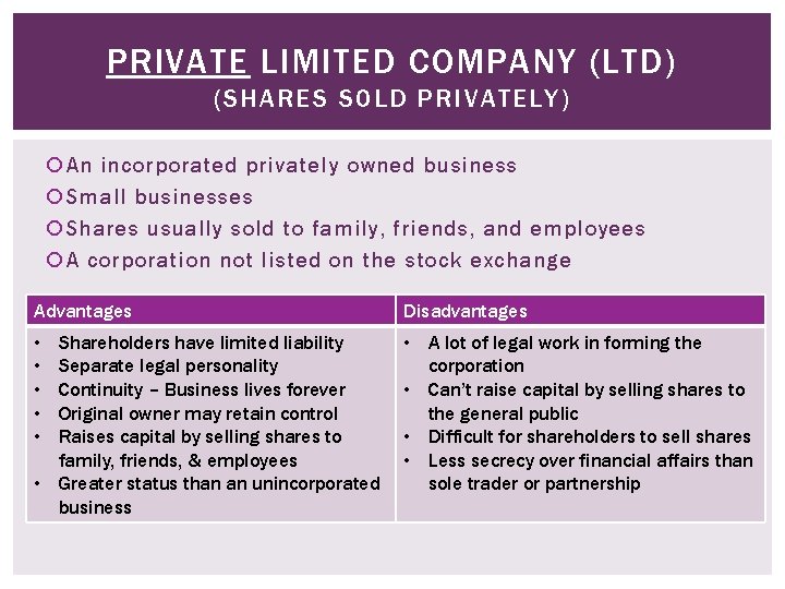 PRIVATE LIMITED COMPANY (LTD) (SHARES SOLD PRIVATELY) An incorporated privately owned business Small businesses