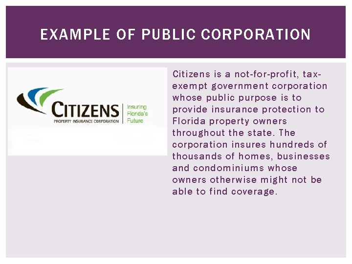 EXAMPLE OF PUBLIC CORPORATION Citizens is a not-for-profit, taxexempt government corporation whose public purpose