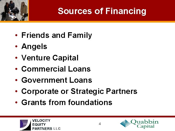 Sources of Financing • • Friends and Family Angels Venture Capital Commercial Loans Government
