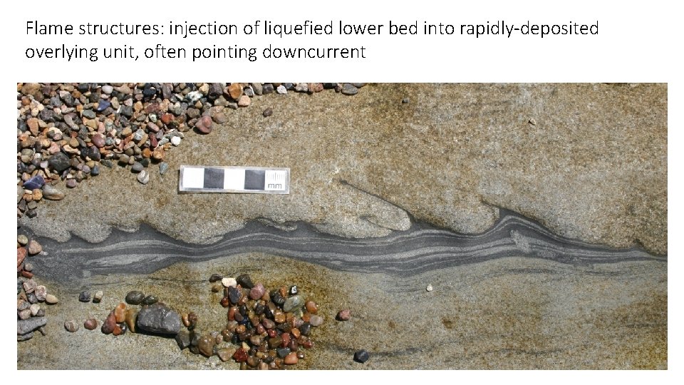 Flame structures: injection of liquefied lower bed into rapidly-deposited overlying unit, often pointing downcurrent