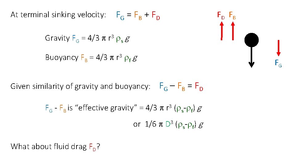 At terminal sinking velocity: FG = FB + FD FD FB Gravity FG =