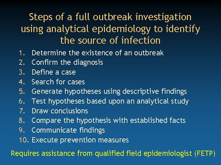 Steps of a full outbreak investigation using analytical epidemiology to identify the source of