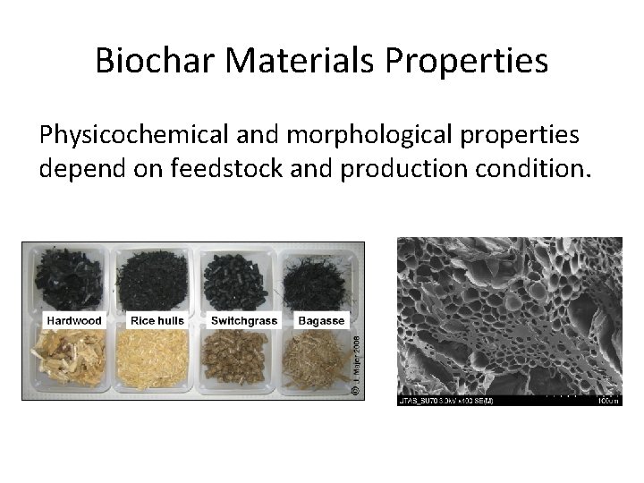 Biochar Materials Properties Physicochemical and morphological properties depend on feedstock and production condition. 