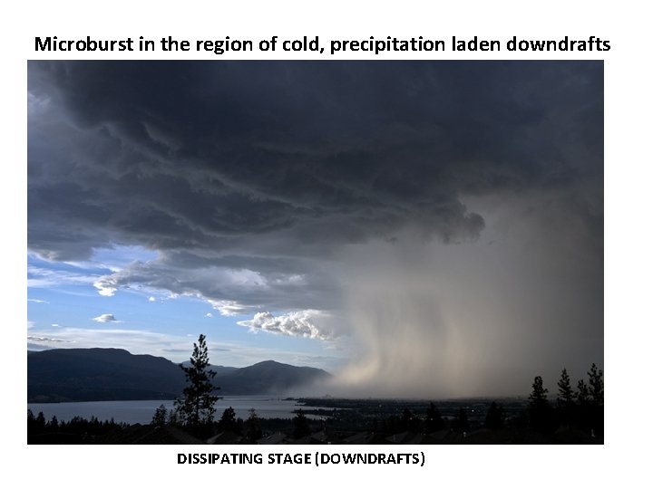 Microburst in the region of cold, precipitation laden downdrafts DISSIPATING STAGE DOWNDRAFTS OCCUR IN