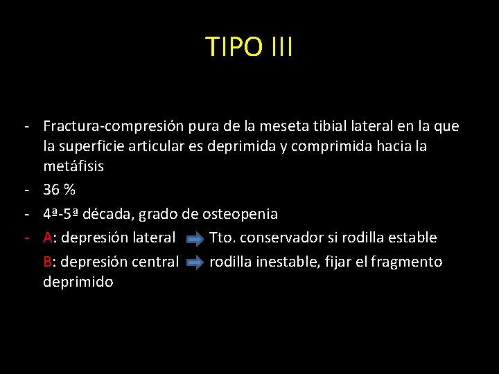 TIPO III - Fractura-compresión pura de la meseta tibial lateral en la que la