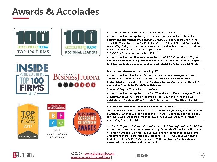 Awards & Accolades Accounting Today’s Top 100 & Capital Region Leader Aronson has been