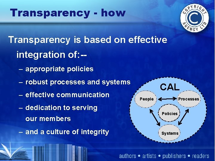 Transparency - how Transparency is based on effective integration of: -- – appropriate policies