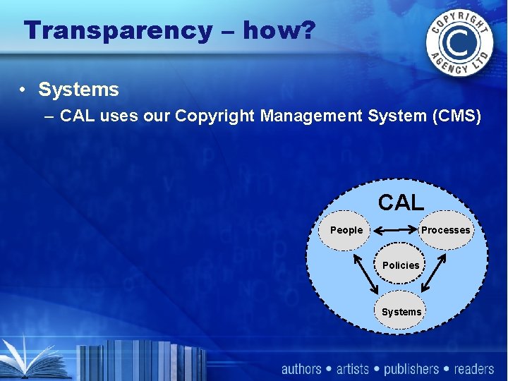 Transparency – how? • Systems – CAL uses our Copyright Management System (CMS) CAL