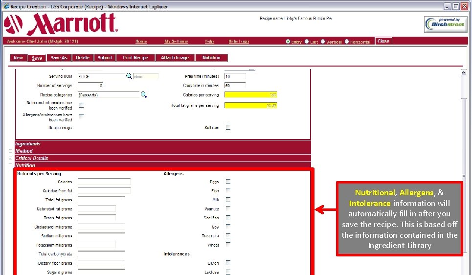 Nutritional, Allergens, & Intolerance information will automatically fill in after you save the recipe.