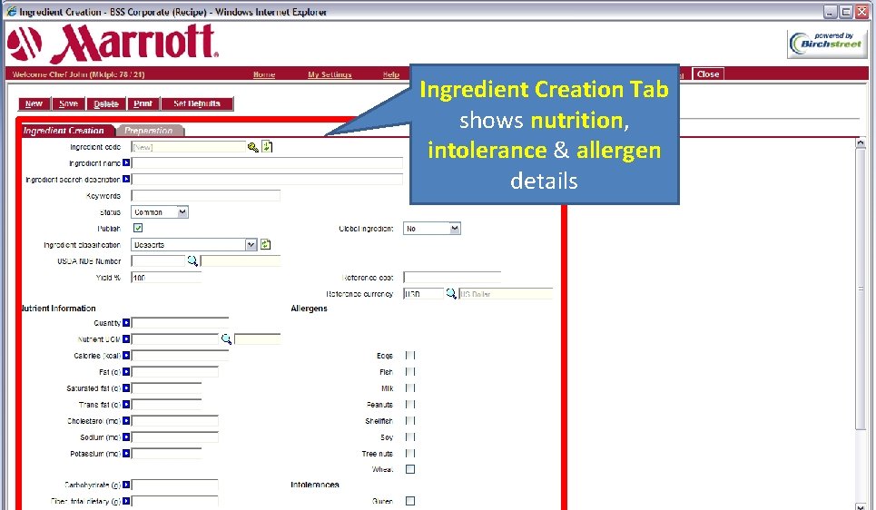 Ingredient Creation Tab shows nutrition, intolerance & allergen details 