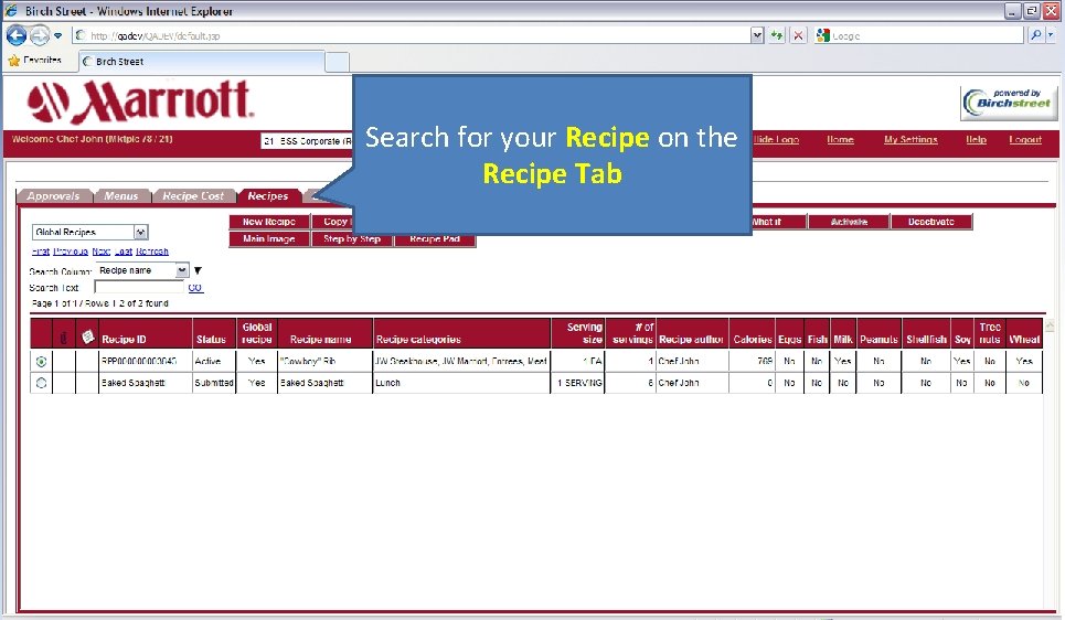 Search for your Recipe on the Recipe Tab 