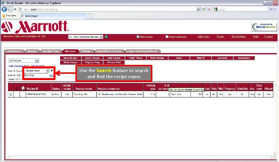Use the Search feature to search and find the recipe name 