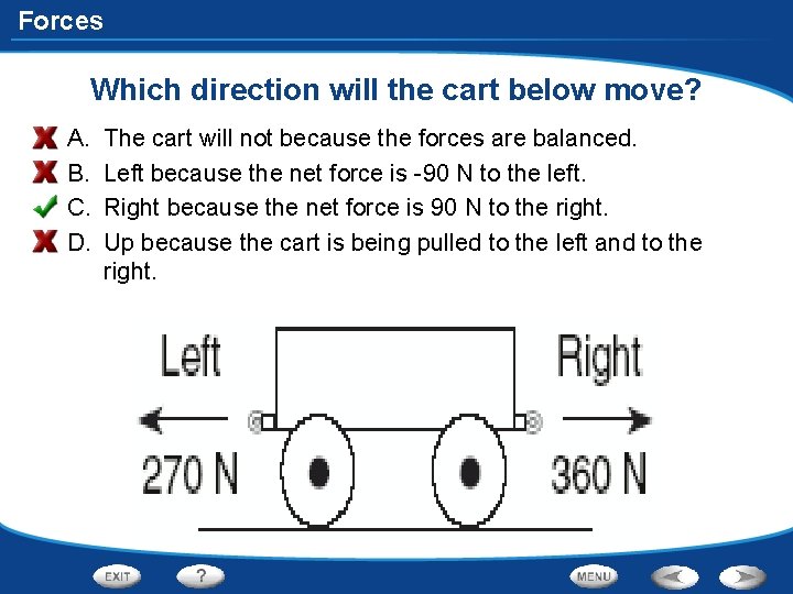 Forces Which direction will the cart below move? A. B. C. D. The cart