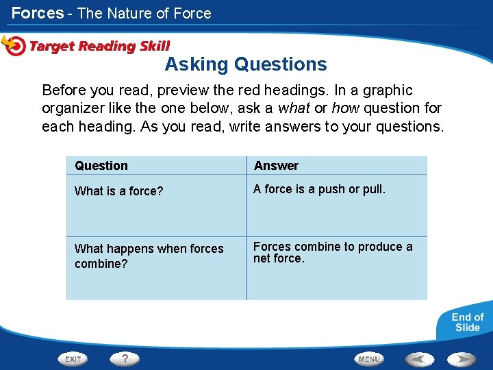 Forces - The Nature of Force Asking Questions Before you read, preview the red