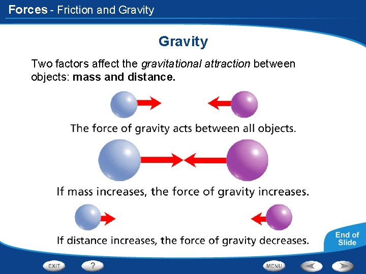 Forces - Friction and Gravity Two factors affect the gravitational attraction between objects: mass