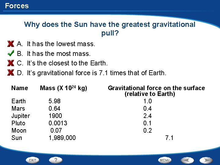 Forces Why does the Sun have the greatest gravitational pull? A. B. C. D.