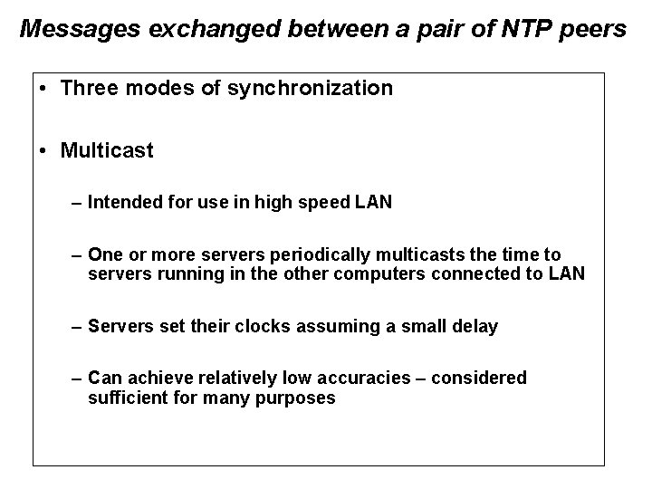 Messages exchanged between a pair of NTP peers • Three modes of synchronization •