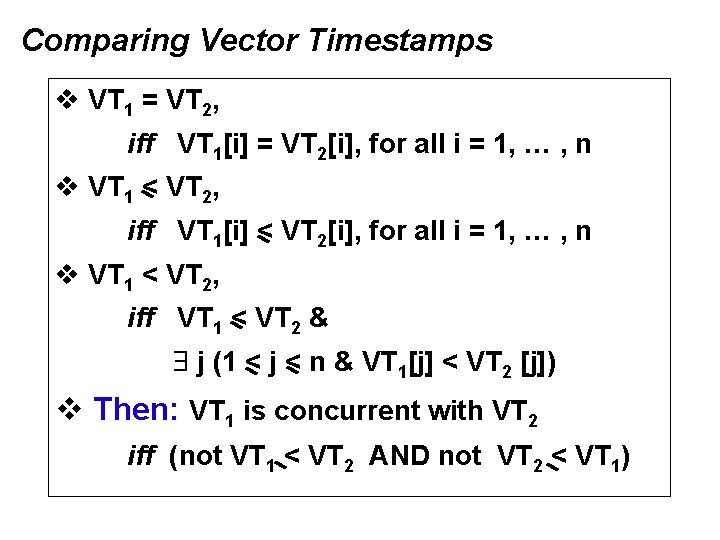Comparing Vector Timestamps v VT 1 = VT 2, iff VT 1[i] = VT