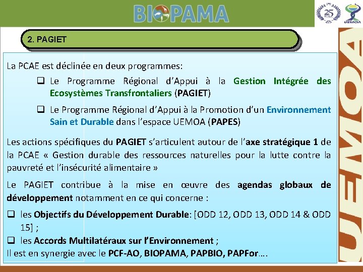 2. PAGIET La PCAE est déclinée en deux programmes: q Le Programme Régional d’Appui