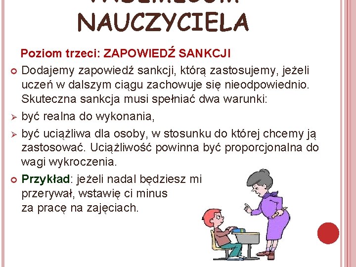 VADEMECUM NAUCZYCIELA Poziom trzeci: ZAPOWIEDŹ SANKCJI Dodajemy zapowiedź sankcji, którą zastosujemy, jeżeli uczeń w