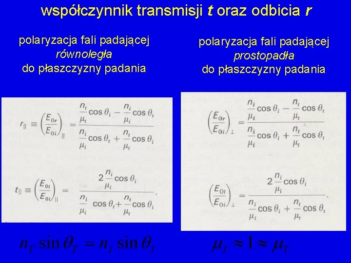 współczynnik transmisji t oraz odbicia r polaryzacja fali padającej równoległa do płaszczyzny padania polaryzacja