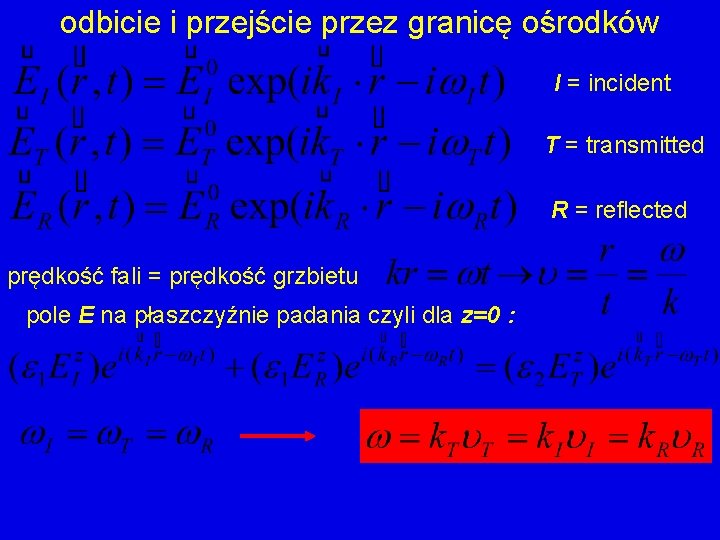 odbicie i przejście przez granicę ośrodków I = incident T = transmitted R =