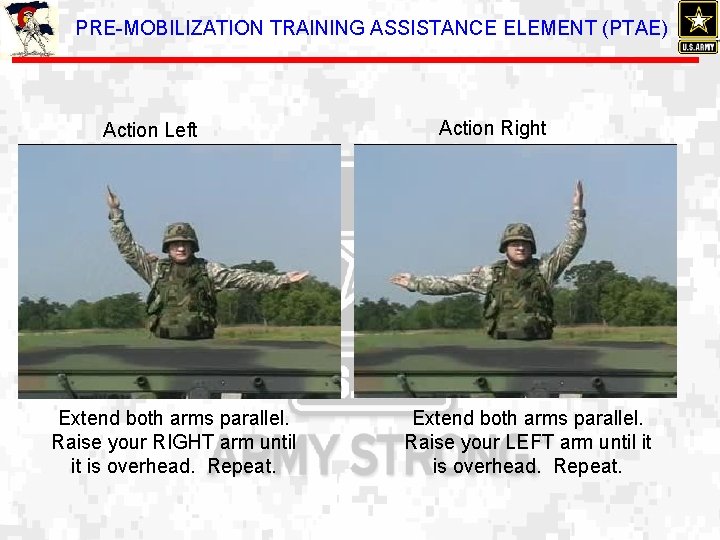 PRE-MOBILIZATION TRAINING ASSISTANCE ELEMENT (PTAE) Action Left Extend both arms parallel. Raise your RIGHT