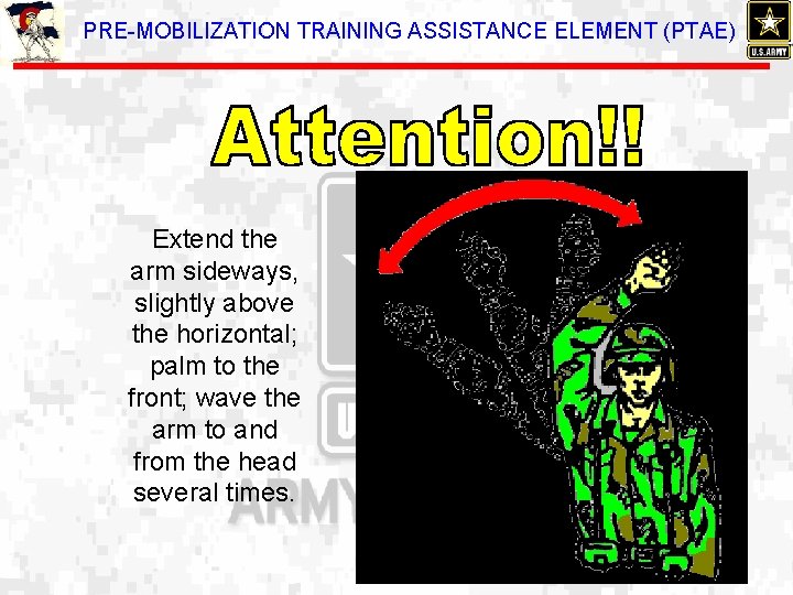 PRE-MOBILIZATION TRAINING ASSISTANCE ELEMENT (PTAE) Extend the arm sideways, slightly above the horizontal; palm