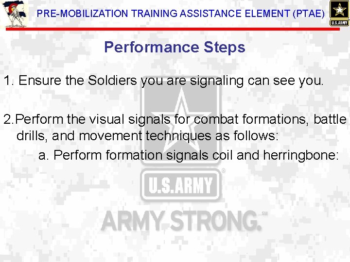 PRE-MOBILIZATION TRAINING ASSISTANCE ELEMENT (PTAE) Performance Steps 1. Ensure the Soldiers you are signaling